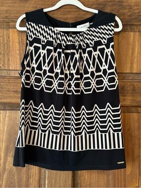 Calvin Klein Black and Light Taupe Geometric Print Sleeveless Blouse PXL